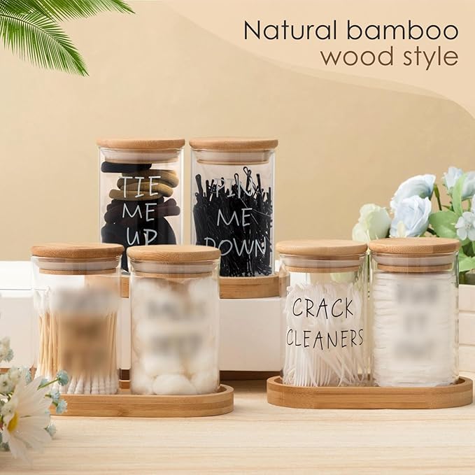6 Pcs Apothecary Jars Glass Jars with Lids for Bathroom Holder Glass Cotton Ball Holder for Home Bathroom Farmhouse Storage Containers Makeup Organizer Decoration