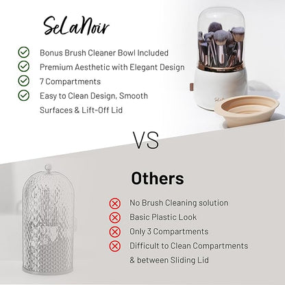 Rotating Makeup Brush Holder with Lid – Dustproof Vanity Organizer for Makeup Brushes, Bonus Foldable Makeup Brush Cleaner Bowl Included, Elegant White Storage Solution