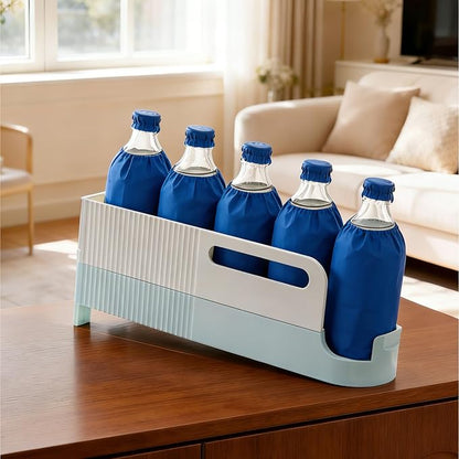 Space Efficient Sodas Can Rack Automatic Sliding Dispenser for Kitchens Counter or Fridge with Auto Replenish Feature Sliding Bottle Shelf