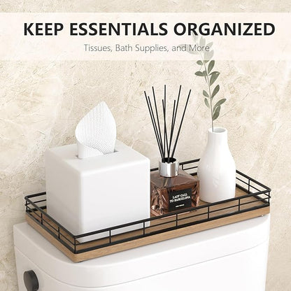 Toilet Paper Basket Organizer – Acacia Wood Toilet Tank Tray with Metal Frame, Bathroom Counter Top Storage for Toilet Paper, Wipes & Decor, Modern Narrow Back of Tank Shelf Organizer, Black & Acacia