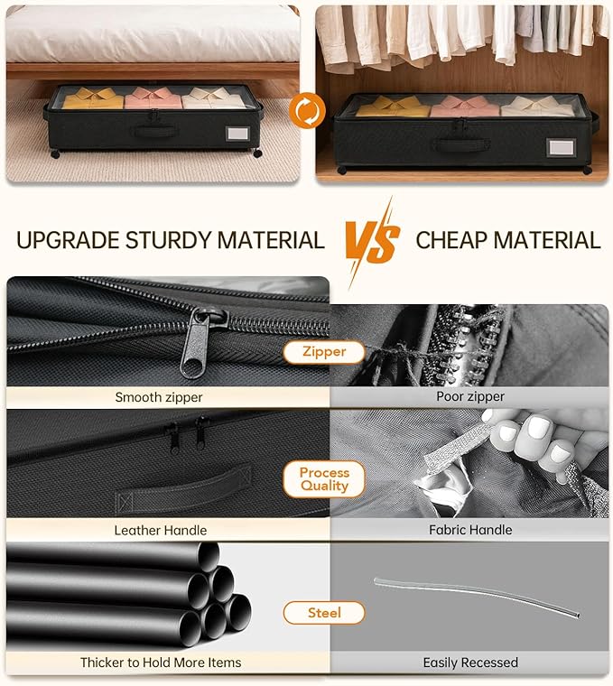 Under Bed Storage with Wheels 2-Pack, Under Bed Storage Containers, Underbed Box with Clear Lids, Rolling Underbed Storage bins for Shoes, Clothes, Blankets (25" L x 16.2" W x 5.5" H)