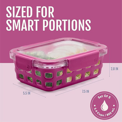 Ello Duraglass 3.4 Cup Meal Prep Sets 10Pc, 5 Pack Set- Glass Food Storage Container with Silicone Sleeve and Airtight BPA-Free Plastic Lids, Dishwasher, Microwave, and Freezer Safe, Evening Orchard