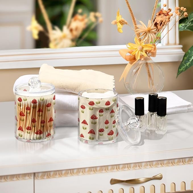 Milk Cow Qtip Holder with Lid 2PCS Apothecary Jars Storage Containers, Clear Plastic Canister for Cotton Swab,Floss Picks, Cosmetics (Red Mushrooms, one sizex2)