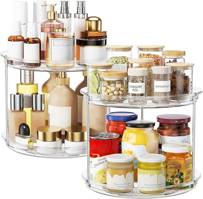 2 Pack 2 Tier Lazy Susan Organizer, 9.25'' Lazy Susan Turntable for Cabinet, Stackable Turntable Organizer Rotating Spice Rack Organization for Kitchen Countertop, Pantry, Bathroom, Clear