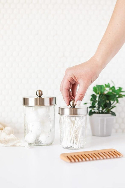 Jarmazing Products Apothecary Lid Storage Set with Ball Mason Jars - Farmhouse Home Decor for Vanity Organization - Luxury Bathroom, Kitchen and Office Accessories - Stainless Steel - Two Pack