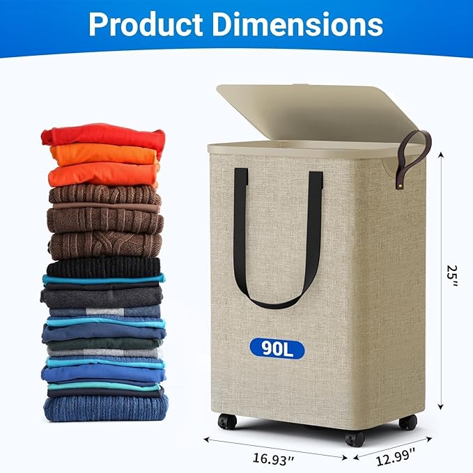Laundry Basket with 5 Wheels, Tall Dirty Laundry Hamper, Rolling Laundry Basket with Lid, Large 90L Collapsible Clothes Hamper for Laundry Room Bedroom Bathroom Dorm, Khaki