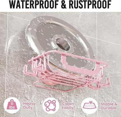 LEVERLOC Soap Holder Dish with Hooks for Shower, Bar Suction Cup Soap Tray Wall Mounted, Rustproof Stainless Steel Sponge Holder Caddy for Bathroom Bathtub Kitchen Sink, Pink