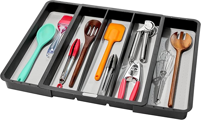 madesmart Expandable Utensil Tray, 8 Compartment Organizer for Forks, Knives & Spoons, Deep Storage for Ladles, Whisks & Serving Tools Non Slip, Soft Grip Base, Expands to Fit Most Drawers, Carbon