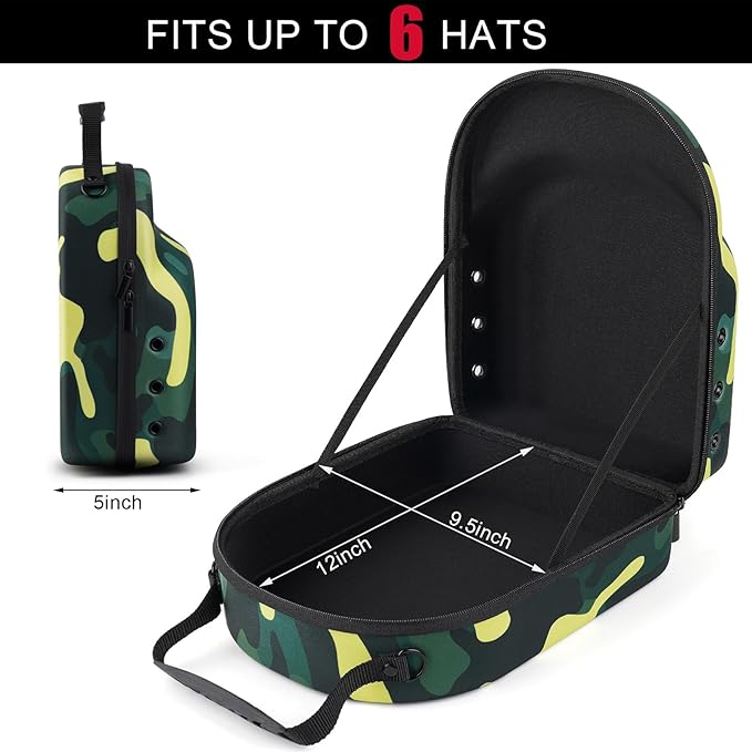 GERMUN Hard baseball hat case, Hat Carrier Travel Case with Adjustable Shoulder Strap, Hat cap case for 6 Baseball Caps - Perfect for Traveling (Camo Green)