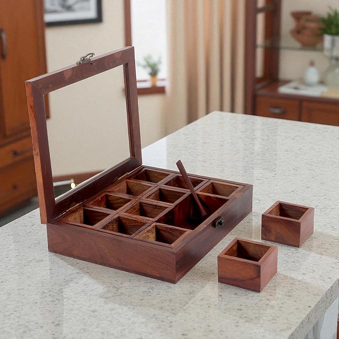 Wooden Spice Box set for Kitchen Large Containers Spice Jars & Spoon in Sheesham Wood Masala Dabba for Kitchen Masala Dani Namak Dani Dabba Multipurpose Decorative Boxes