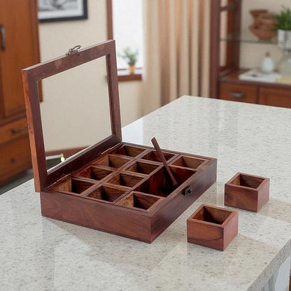 Wooden Spice Box set for Kitchen Large Containers Spice Jars & Spoon in Sheesham Wood Masala Dabba for Kitchen Masala Dani Namak Dani Dabba Multipurpose Decorative Boxes