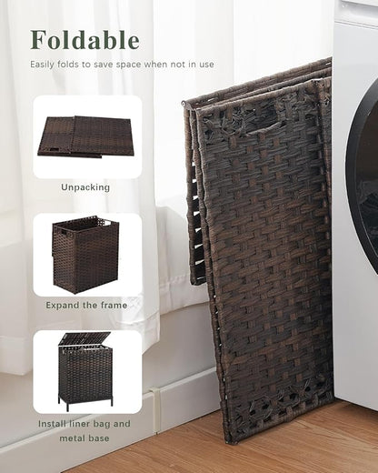 SETVSON Laundry Hamper with Lid, 112 L Handwoven Rattan Wicker Laundry Basket, 2 Removable Liner Bags Metal Heightened Feet, 6 Mesh Bags, 2 Section Large Clothes Hamper for Bathroom Bedroom, Brown