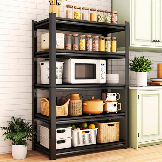 77.4" H 5 Tier Kitchen Rack, Heavy Duty Metal Storage Shelves, Adjustable Shelving Unit and Bakers Rack for Pantry Storage and Kitchen Shelf Organizer - 35.4" W x 13.8" D x 77.4" H, Black