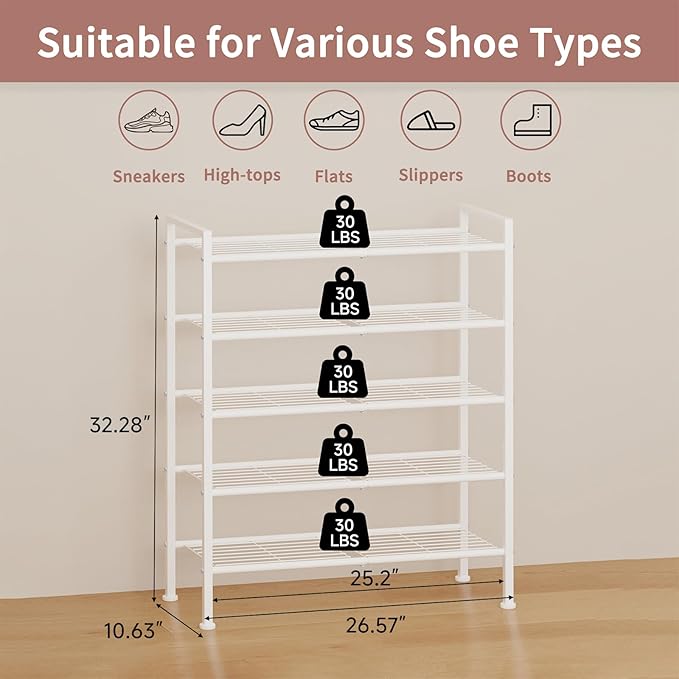 5 Tier Shoe Rack,Metal Shoe Storage Organizer Shelf for Closet,Entryway, Garage,Narrow Space(White, 5 Tier)