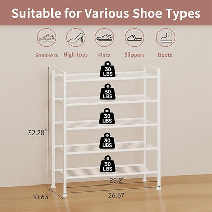 5 Tier Shoe Rack,Metal Shoe Storage Organizer Shelf for Closet,Entryway, Garage,Narrow Space(White, 5 Tier)