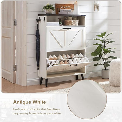 Barnyatoh Shoe Storage Cabinet,Farmhouse Shoe Organizer with 2 Flip Drawers & Barn Door Design,Freestanding Hidden Slim Narrow Shoe Rack Cabinet with Open Storage for Entryway, Foyer,Antique White