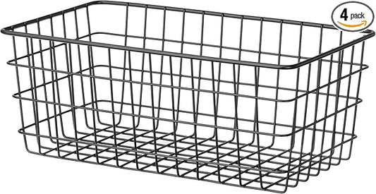 Whitmor 4 Pack Black Wire Storage Baskets for Office, Pantry, Kitchen Bins & Freezer Organizing