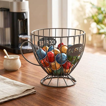 SpaceTime Coffee Pod Holder,Large Capacity Coffee Pod Organizer Cup Holder ,Sturdy Coffee Coffee Basket for Counter Kitchen and Office Desktop,Versatile Metal Pods Storage,Coffee Bar Accessory (Black)