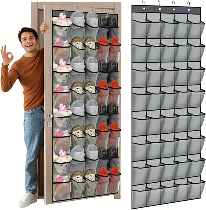 1pc 14/28/40-Grid Transparent Fabric Hanging Organizer Foldable Storage Bag for Shoes Underwear (Gray)