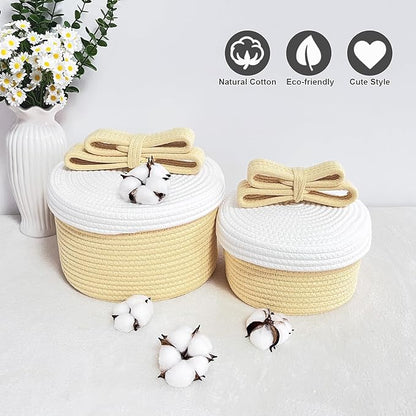 Cute Storage Baskets with Lids, Small Round Woven Rope Basket with Lid, Small Toy Box for Kids or Cat, Cute Basket for Gift, Decorative Basket with Chic Bow Handle, yellow