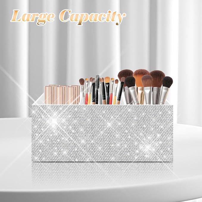 Bling Makeup Brush Holder Organizer, 3 Slot Sparkle Cosmetics Brushes Storage Holders with Shiny Rhinestones, Glitter Cute Pen and Pencil Holder for Desk, Eyeliners Display Case for Vanity（White）