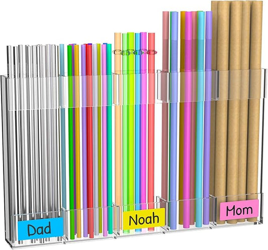9.4” Large Acrylic Straw Holder for Cabinet Door, Reusable Straws Organizer Storage with Ultra Sticky Adhesive & Name Labels, Space-Saving Straw Storage Dispenser for Kitchen Counter Cupboard