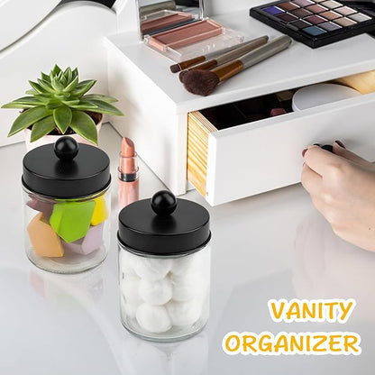 2 Pack Glass Apothecary Jars with Lids for Bathroom, Cute Qtip Holder, Black Bathroom Accessories Set, Small Bathroom Canisters with Lids for Q-Tips, Cotton Swabs, Black Bathhouses Decor