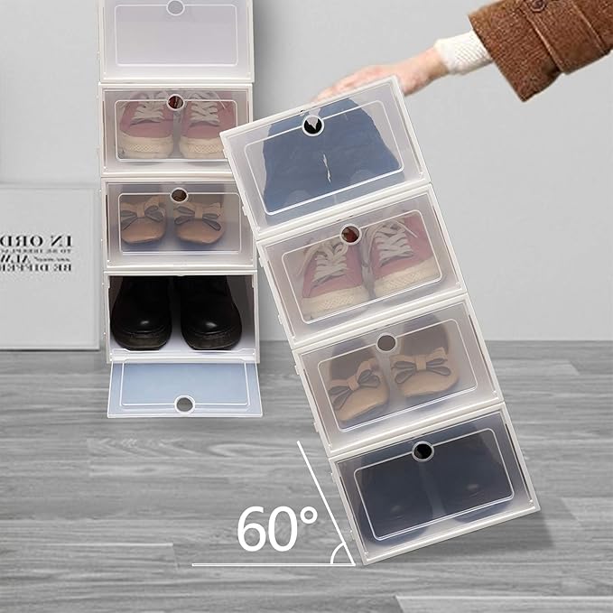 20 Pack Shoes Storage Boxes - Clear Plastic Foldable Stackable Shoe Organizer Containers Bins Holders for Closet Bedroom Small Space