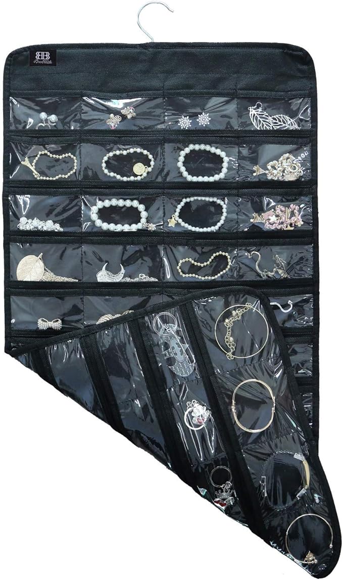 BB Brotrade Hanging Jewelry Organizer, Double Sided Jewelry Storage Organizer with Embossed Pattern, 80 Clear PVC Pockets for Holding Jewelries (White)