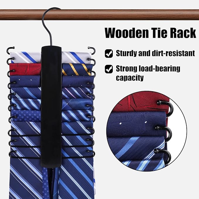 JOHOUSE Wooden Tie Rack, Tie Hanger Organizer for Men Closet 20 Hooks 360 Degree Rotating Hanging Space Saving Holder for Belt Scarf, Black