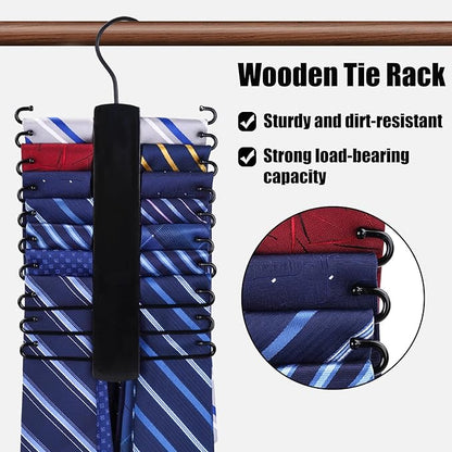 JOHOUSE Wooden Tie Rack, Tie Hanger Organizer for Men Closet 20 Hooks 360 Degree Rotating Hanging Space Saving Holder for Belt Scarf, Black