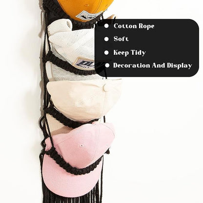 jontell Ball Cap Holder-1 Pack/Up to 14 Caps-Hat Organizer for Baseball Caps Display, Macrame Hat Rack for Wall, Boho Handmade Cap Hanger Over Door (Black)