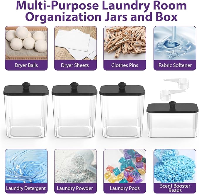 COAZEX 3+1 Pack Clear Laundry Pods Container & Dryer Sheet Holder, Plastic Square Laundry Room Organization and Storage Jars with Black Lids, Scoops & Labels for Detergent, Powder, Dryer Balls