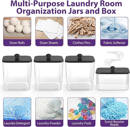 COAZEX 3+1 Pack Clear Laundry Pods Container & Dryer Sheet Holder, Plastic Square Laundry Room Organization and Storage Jars with Black Lids, Scoops & Labels for Detergent, Powder, Dryer Balls