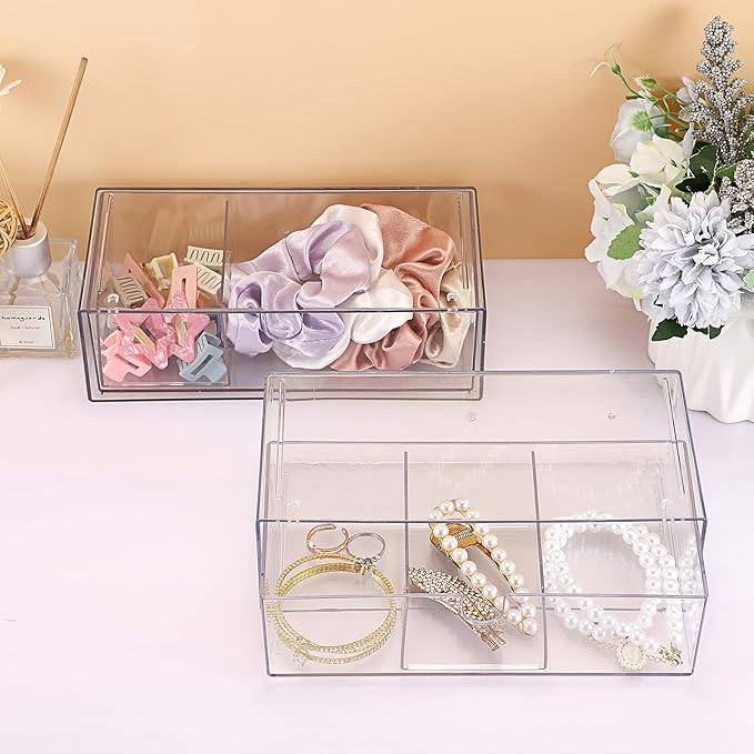 Hipiwe 2-Tier Acrylic Storage Drawer Stackable Box Hair Accessories Organizer Clear Desktop Organizer with Removable Dividers for Vanity Bathroom