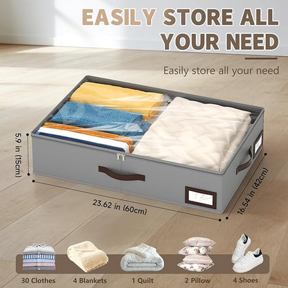 OIAHOMY 2 Pack Under Bed Storage with 4 Compression Bags, Underbed Organizers for Bedroom & Closet, Fits Beds Higher than 5.9", Space-Saving for Seasonal Clothes, Blankets & Shoes - Grey