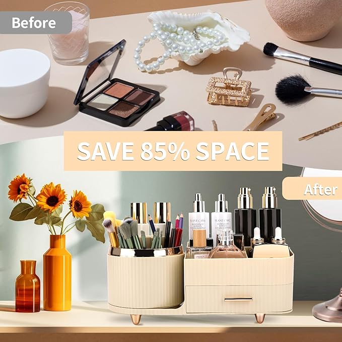 Beborxue 360° Rotating Makeup Organizer for Vanity with Drawers, Large Capacity Cosmetic Display Case, skincare organizer, Cosmetic Organizer for Lipstick, Skincare, Brushes, Eyeshadow, (Rice White)