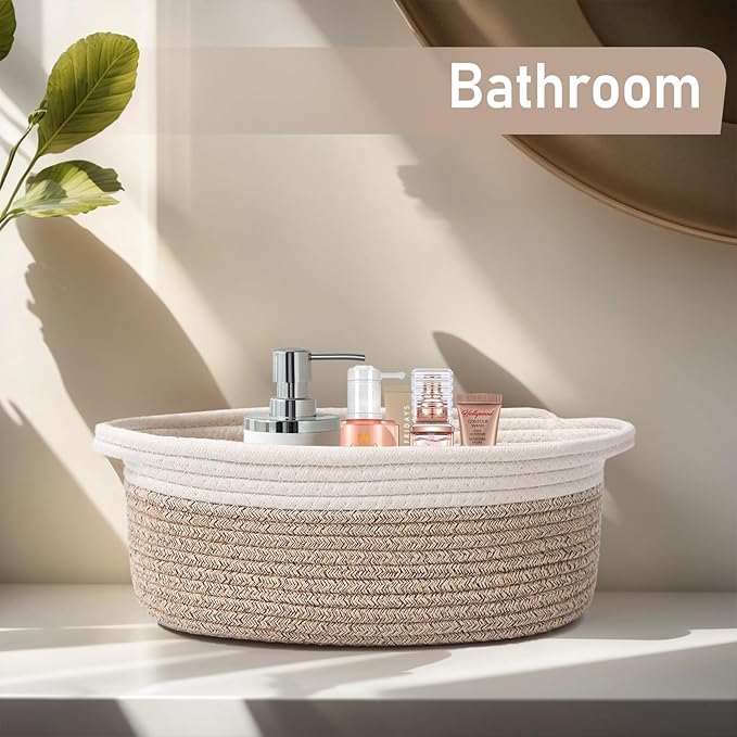 JMvicyroam Woven Basket,Small Rope Storage Bin with Handles & Ribbon Bag, Organizer for Shelves Closets,Gift Basket Empty for Birthday,Books,Dog Toys, White&Oatmeal/3 Pack