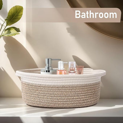 JMvicyroam Woven Basket,Small Rope Storage Bin with Handles & Ribbon Bag, Organizer for Shelves Closets,Gift Basket Empty for Birthday,Books,Dog Toys, White&Oatmeal/3 Pack