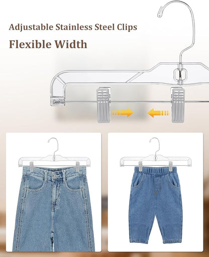 AMKUFO Pants-Hangers-with-Clips-15-Pack, 14 Inch Clear-Plastic-Skirts-Hangers-with-Adjustable-Clips for Shorts Jeans Trousers, Clothes-Hangers Non-Slip Clip-Hangers