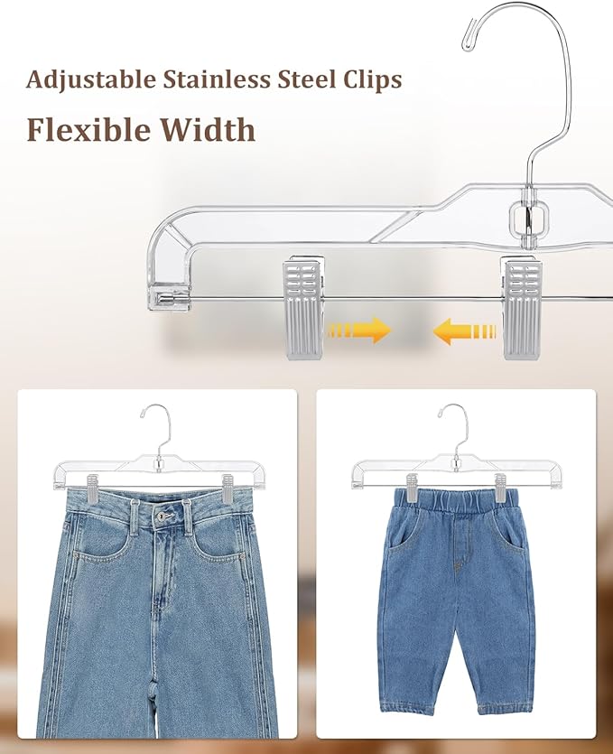 AMKUFO Pants-Hangers-with-Clips-30-Pack, 14 Inch Clear-Plastic-Skirts-Hangers-with-Adjustable-Clips for Shorts Jeans Trousers, Clothes-Hangers Non-Slip Clip-Hangers