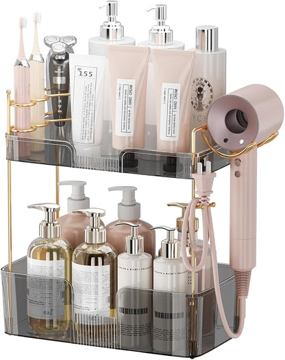 shuang qing 2 Tier Bathroom Counter Organizer with Hair Dryer Holder, Hair Tool Countertop Storage, Cosmetics Skincare Shelf, Makeup Organizer Perfume for Dresser Vanity Tray - Grey