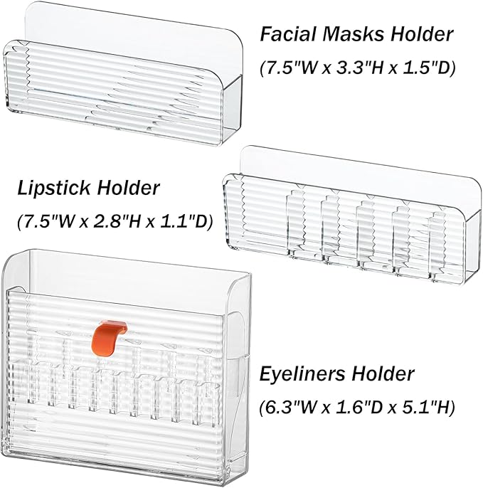3 Pcs Wall-Mounted Makeup Organizer Set, Makeup Holder for Lipstick, Pencils, Brush, Lip Liner, Cabinet Storage for Mirror, Door, Bathroom, Vanity