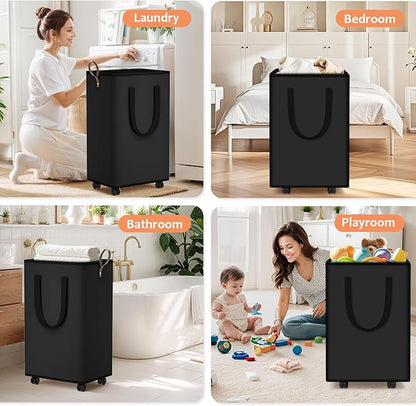 SpaceTrove Laundry Basket with Wheels, Collapsible Laundry Baskets, Laundry Hamper with Handles Detachable Wheels, Rolling Laundry Basket, Dirty Clothes Hamper for Bathroom, Dorm, Bedroom, Black, 100L