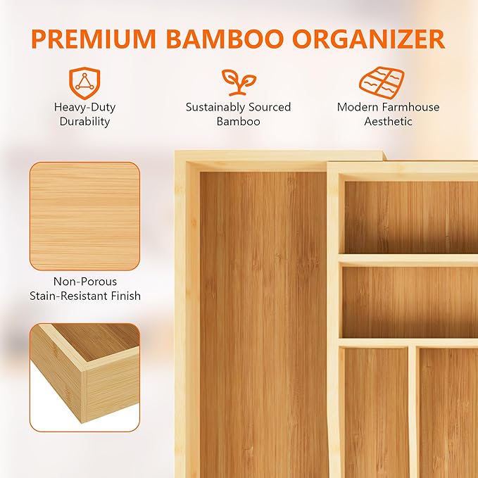 Expandable and Adjustable Bamboo Drawer Organizer Tray - Cutlery & Flatware Organizers for Kitchen Utensils, Silverware Organizer with Dividers, 6-8 Slots with Curved Grooves (Natural)