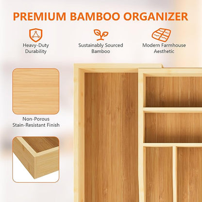Expandable and Adjustable Bamboo Drawer Organizer Tray - Cutlery & Flatware Organizers for Kitchen Utensils, Silverware Organizer with Dividers, 6-8 Slots with Curved Grooves (Natural)