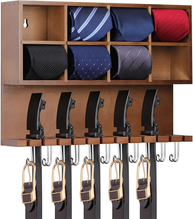 AUTOARK Wall Mounted Tie Rack/Belt Hanger,2-in-1 Wall Mount Organizer,8 Compartment Tie Organizer with Belt Slots & Hooks,Belt & Accessories,8+12+11 Storage,Walnut,AHK-081