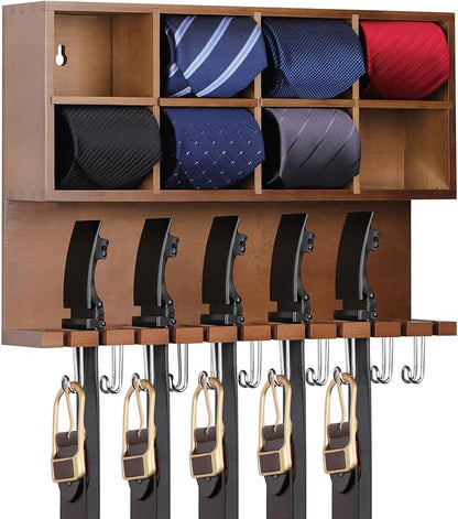 AUTOARK Wall Mounted Tie Rack/Belt Hanger,2-in-1 Wall Mount Organizer,8 Compartment Tie Organizer with Belt Slots & Hooks,Belt & Accessories,8+12+11 Storage,Walnut,AHK-081