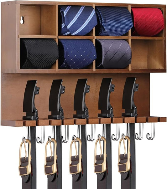 AUTOARK Wall Mounted Tie Rack/Belt Hanger,2-in-1 Wall Mount Organizer,8 Compartment Tie Organizer with Belt Slots & Hooks,Belt & Accessories,8+12+11 Storage,Walnut,AHK-081