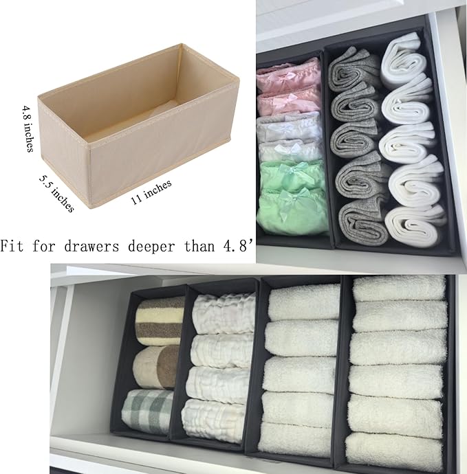 Bructhun Drawer Organizer Set of 4 Beige - Fabric Storage Bins for Clothes, Underwear, Socks & Bras - 11" Dresser Dividers for Bedroom Closet